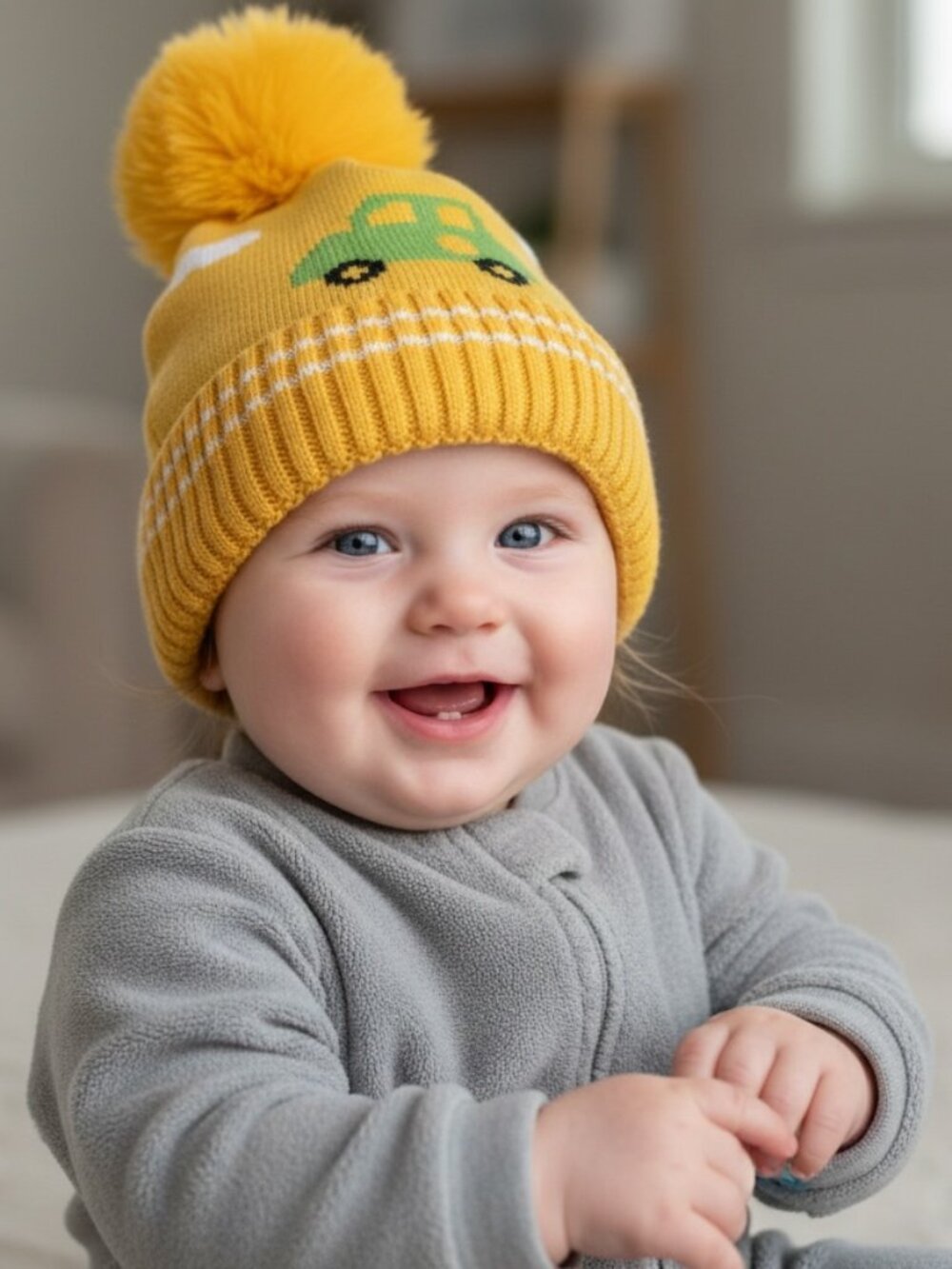 Kids Yellow Tractor Pattern Knit Beanie Hat with Yellow Faux Fur Pom Pom